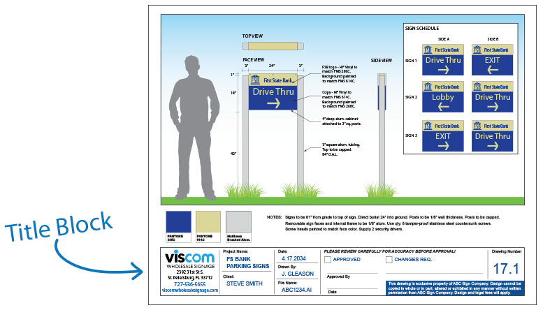 diagram of a sign comparing height to person, arrow pointing to title block of blueprint